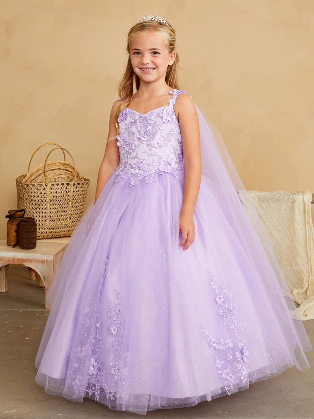 Tip Top 7040 Long Glitter Lace Girls Pageant Dress Formal Flower Girl Gown Detachable Cape