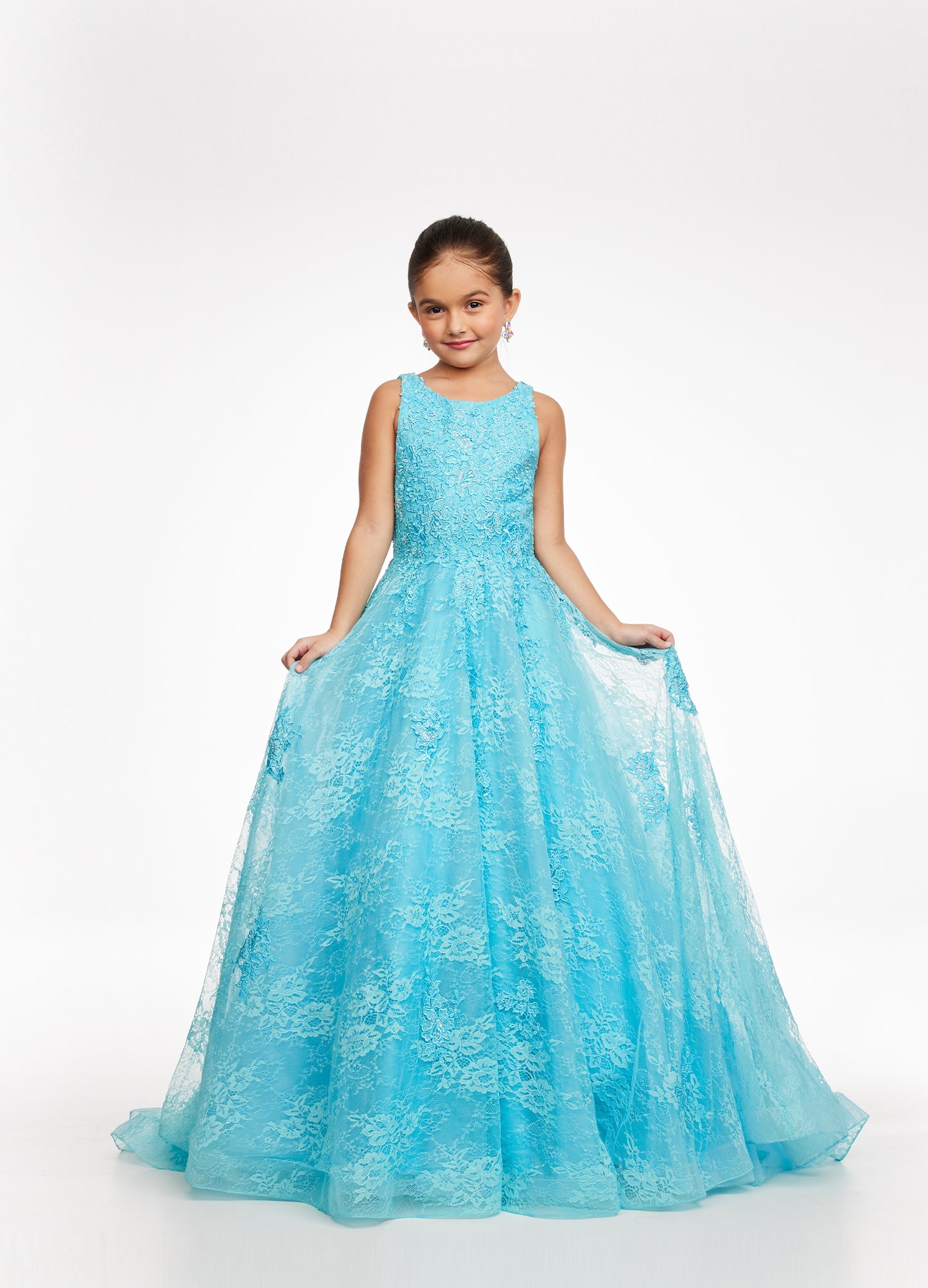 Ashley Lauren Kids 8073 Girls Long Lace A Line Ball Gown Pageant Dress High Neck Lovely lace gown featuring a crew neckline embellished with lace applique and AB stones throughout the bodice and skirt. Crew Neckline Lace Applique A-Line Available Sizes: 4-16 Available Colors: Aqua, Lilac