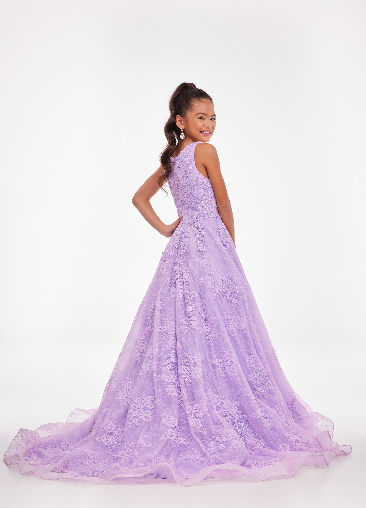 Ashley Lauren Kids 8073 Girls Long Lace A Line Ball Gown Pageant Dress High Neck Lovely lace gown featuring a crew neckline embellished with lace applique and AB stones throughout the bodice and skirt. Crew Neckline Lace Applique A-Line Available Sizes: 4-16 Available Colors: Aqua, Lilac