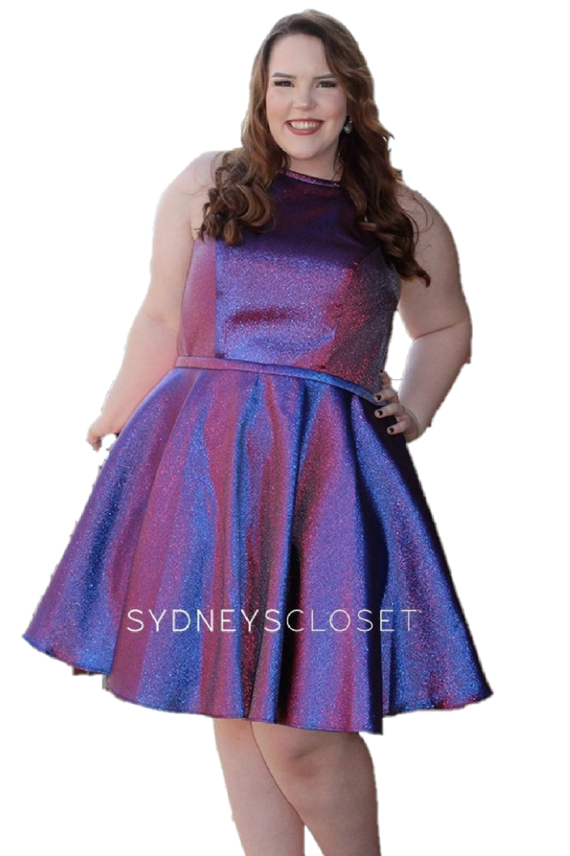 Sydney's Closet 8103 Short Metallic Shimmer Fit & Flare Plus size Cocktail Homecoming Dress. Features Pockets & a Fabulous Color Shifting Mikado! Great for a short prom dress & almost any formal occasion!