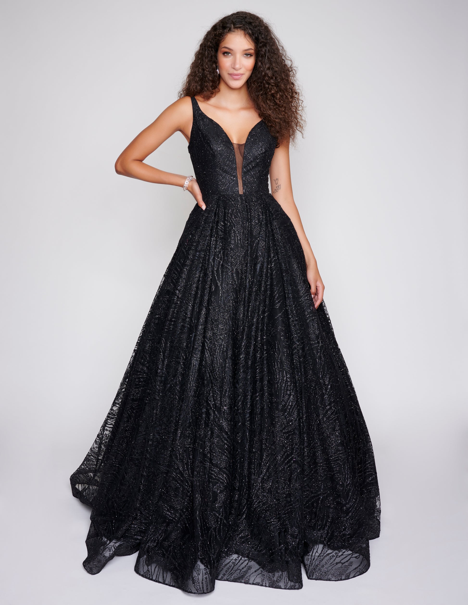 Nina Canacci 8220 Black Shimmer Ballgown with backless corset design and v neckline