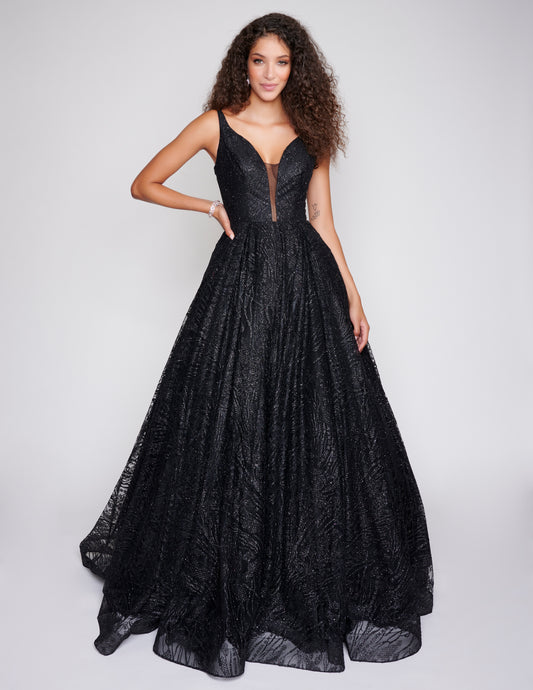 Nina Canacci 8220 Black Shimmer Ballgown with backless corset design and v neckline