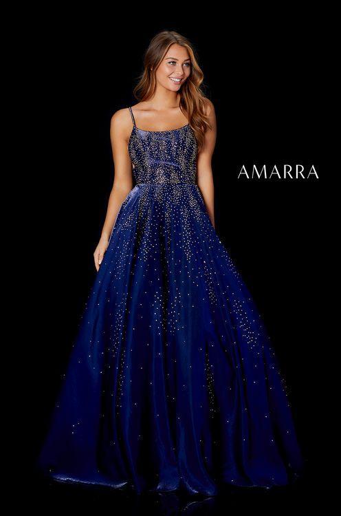 Amarra 87292 Long Shimmer Embellished A Line Corset Prom Dress Stars Formal   AMARRA 87292 is a breath-taking combination of our two favorite things: satin and rhinestones. This ball gown has a satiny shine with rhinestones that cascade down to the bottom and gradually disappear.