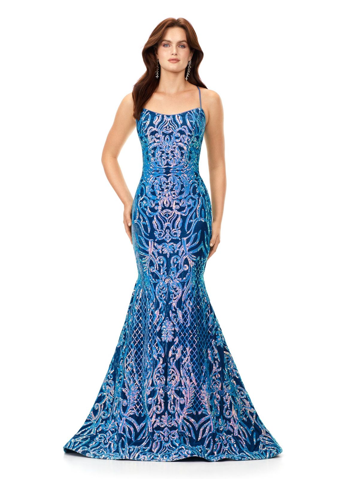 Ashley Lauren 11331 Make an entrance in this velvet sequin gown. The spaghetti straps are sure to provide the perfect fit. The sequin applique is perfectly placed throughout the gown to compliment your curves. The look is complete with a sweep train. Spaghetti Straps Lace Up Back Sweep Train Velvet Sequin COLORS: Blue, Fuchsia/Black, Turquoise/Royal