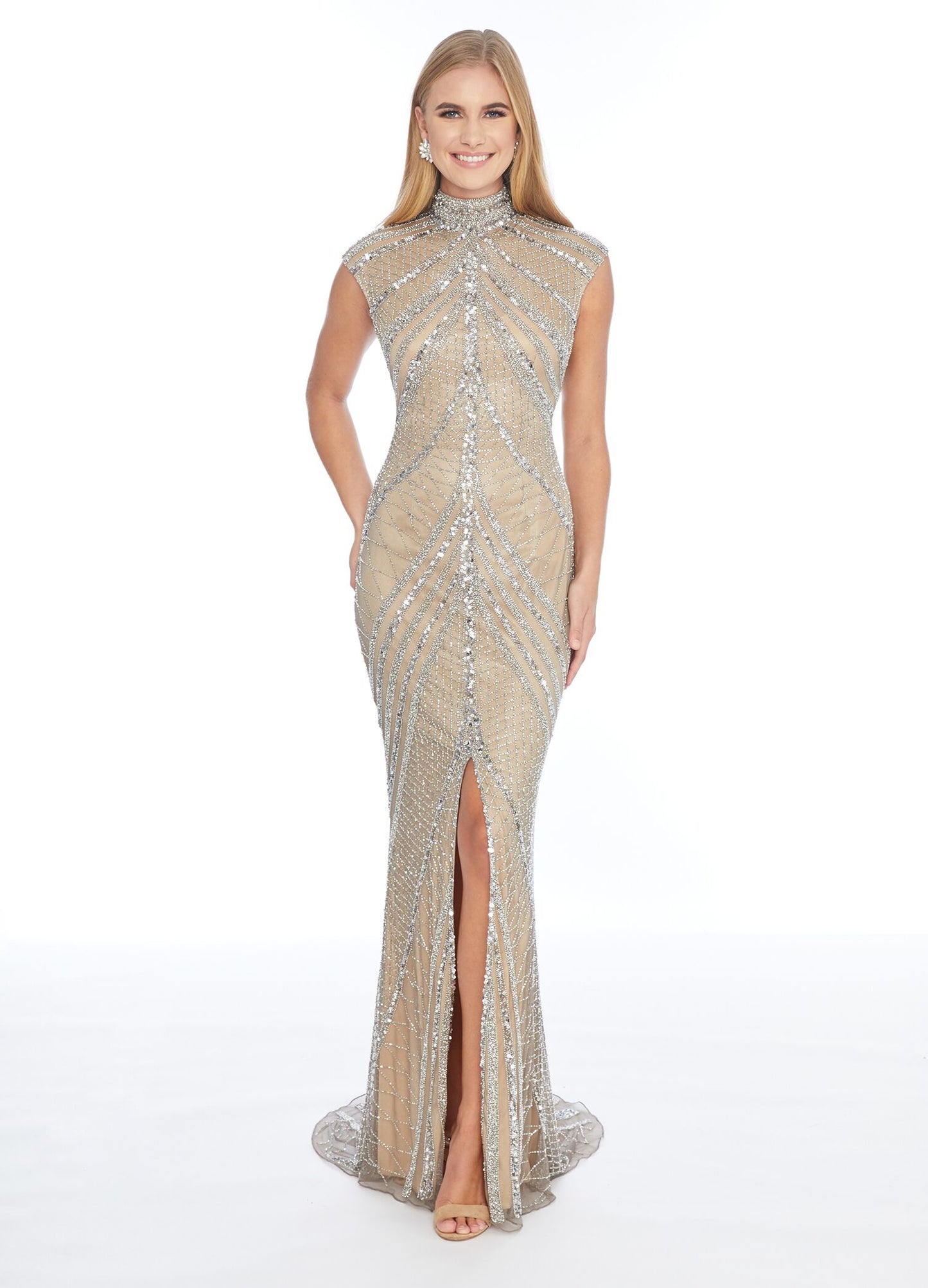 Ashley Lauren 1624 high neckline beaded sequins fitted evening gown with front slit with a figure flattering beaded design pageant gown prom dress