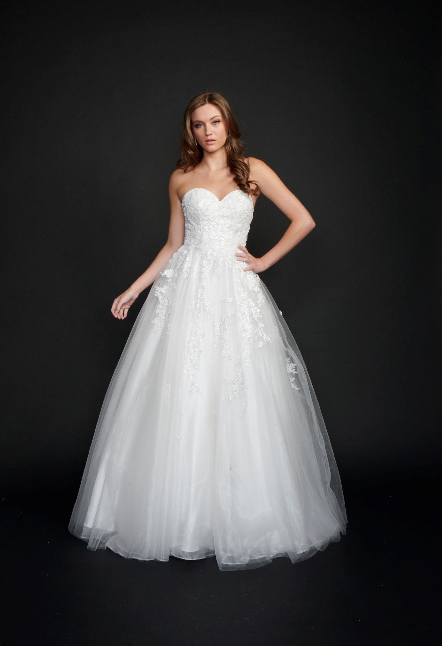 Nina Canacci 9137  This is a strapless ballgown with a sweetheart neckline and 3D floral appliques on the bodice and streaming down the dress. It is good for a Wedding dress or Prom Gown.   Available Size- 4-18  Available Color- Baby Blue, Ivory