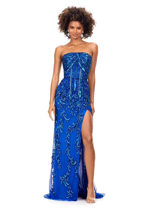 Ashley Lauren 11242 Strapless Beaded Prom Dress with Slit