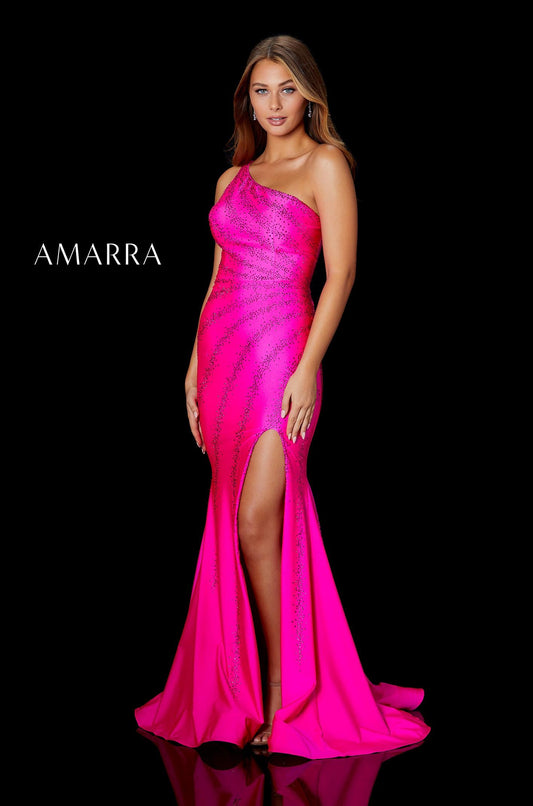 Amarra 87306 Long Fitted Jersey One Shoulder Crystal Embellished Dress Slit Prom Pageant Fitted one shoulder rhinestone jersey gown featuring a high leg slit, low lace-up back, and sweep train.  Available Sizes: 00-16  Available Colors: Bright Fuchsia, Green, Turquoise