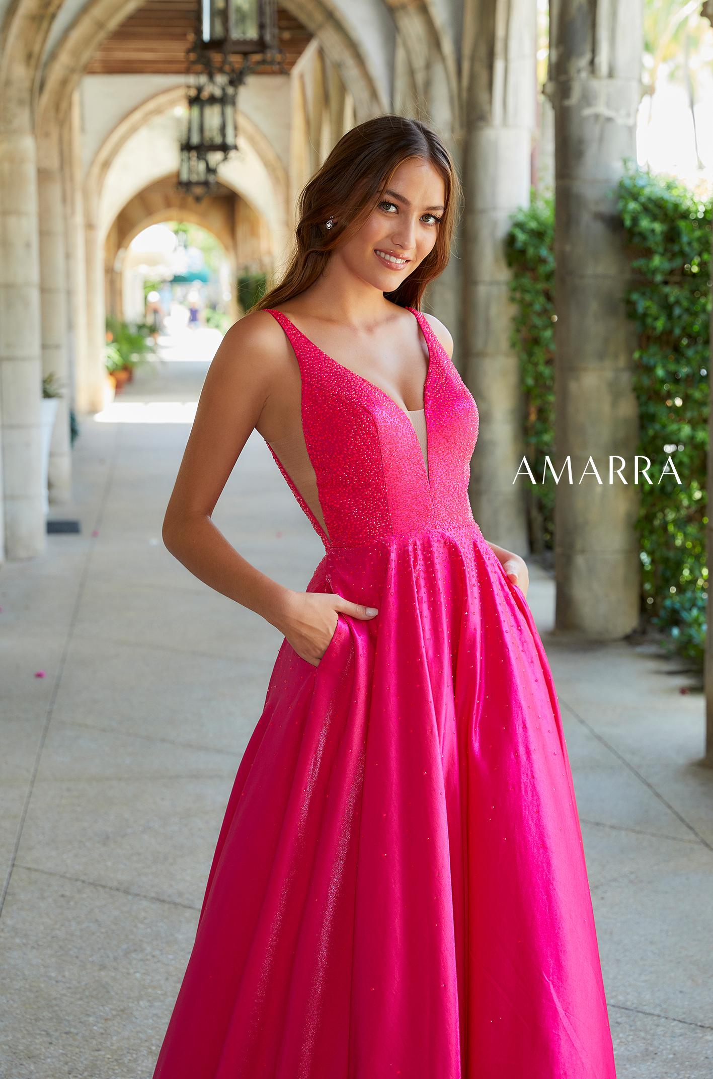 Amarra 87309 Long A Line V Neck Prom Dress Pockets Backless Formal Ball Gown Rhinestone ball gown featuring a V-neckline, side panels, open back, and sweep train. Satin  Available Sizes: 00-16  Available Colors: Bright Fuchsia, Purple, Turquoise