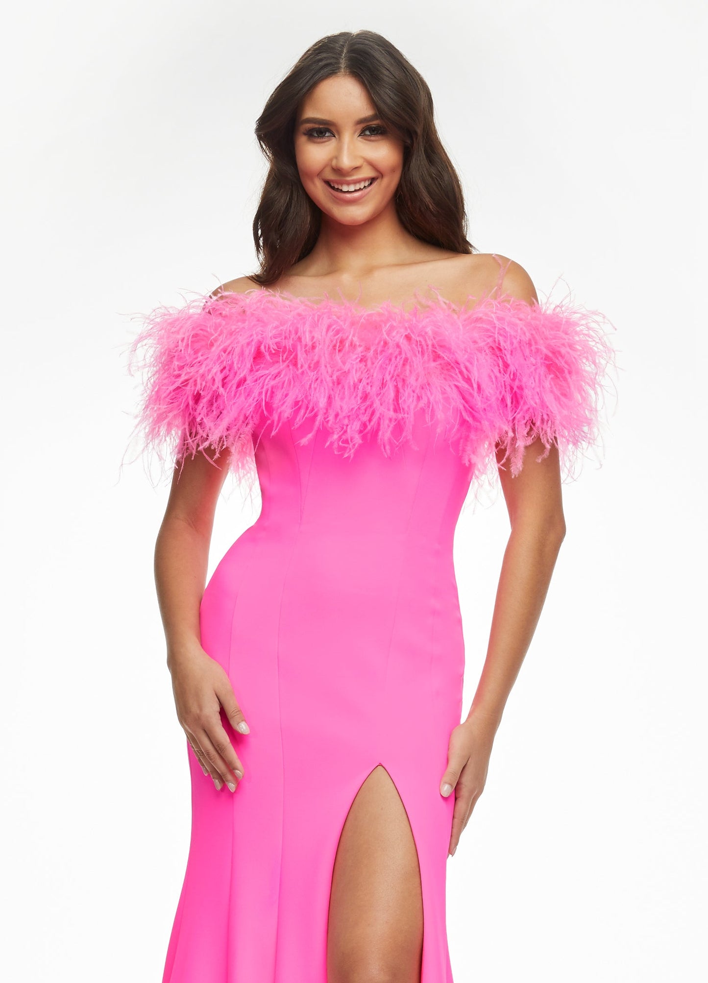 Ashley Lauren 11099 Feather Trimmed Prom Dress.  This elegant and fun prom dress is also excellent for pageants or other formal evening events.  It has an off the shoulder feather neckline that wraps all the way across your arms and to the back.  The long scuba skirt has a left leg slit and it has a train.  Colors:  Hot Pink, White, Turquoise, Hot Pink/Black  Sizes:   0, 2, 4, 6, 8, 10, 12, 14, 16