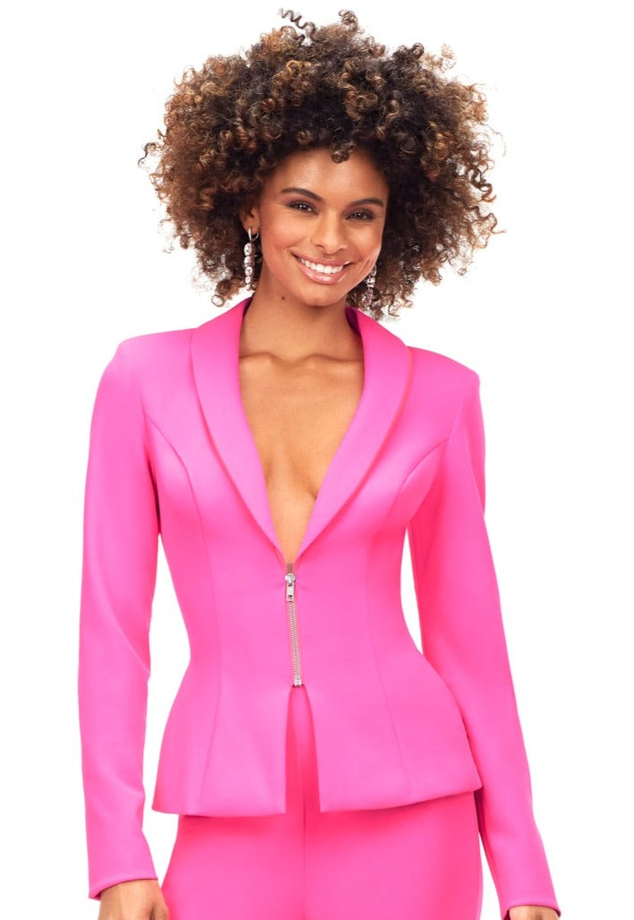 Ashley Lauren 11225 This powerful scuba pantsuit features a blazer with an exposed metal zipper. The flare pants complete the look. Two Piece Pantsuit Scuba Exposed Front Zipper Flare Pants Hot Pink