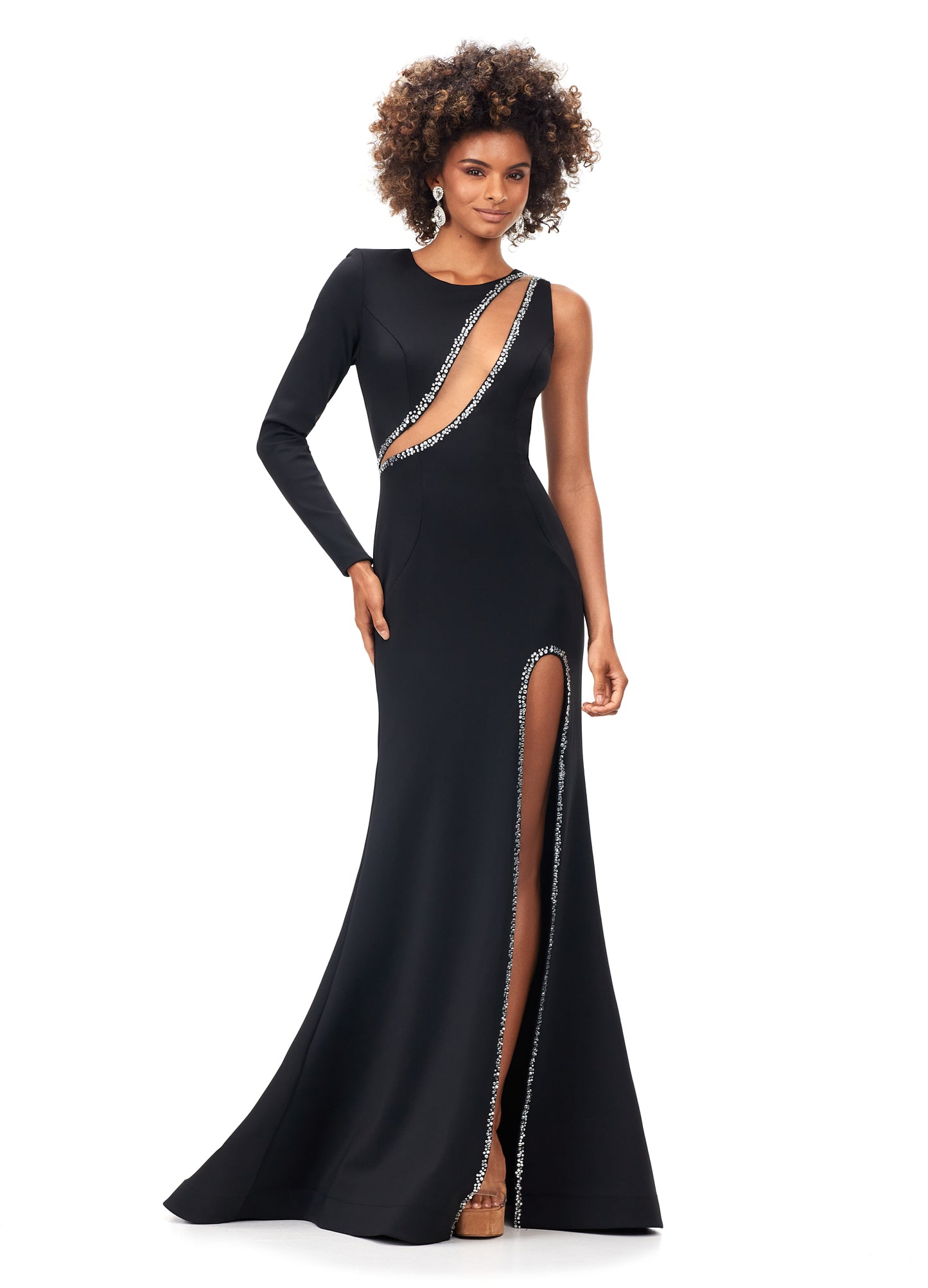 Ashley Lauren 11272 Steal the show in this one sleeve jersey gown. The bustier is complete with an illusion cut out and the skirt is complete with a left leg slit. The cut out and slit are trimmed in press on stones. One Sleeve Illusion Cut Out Left Leg Slit Press On Stones black front