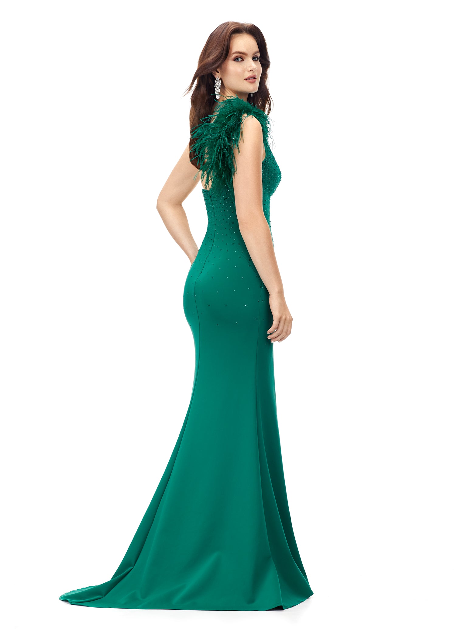 Ashley Lauren 11290 Dark Emerald One Shoulder Prom Dress crystal top one shoulder with feathers Stand out in this one shoulder scuba gown. The neckline is embellished with feathers to provide a fun and flirty detail. The bodice is accented by heat set stones that cascade down on the skirt. The look is complete with a left leg slit.