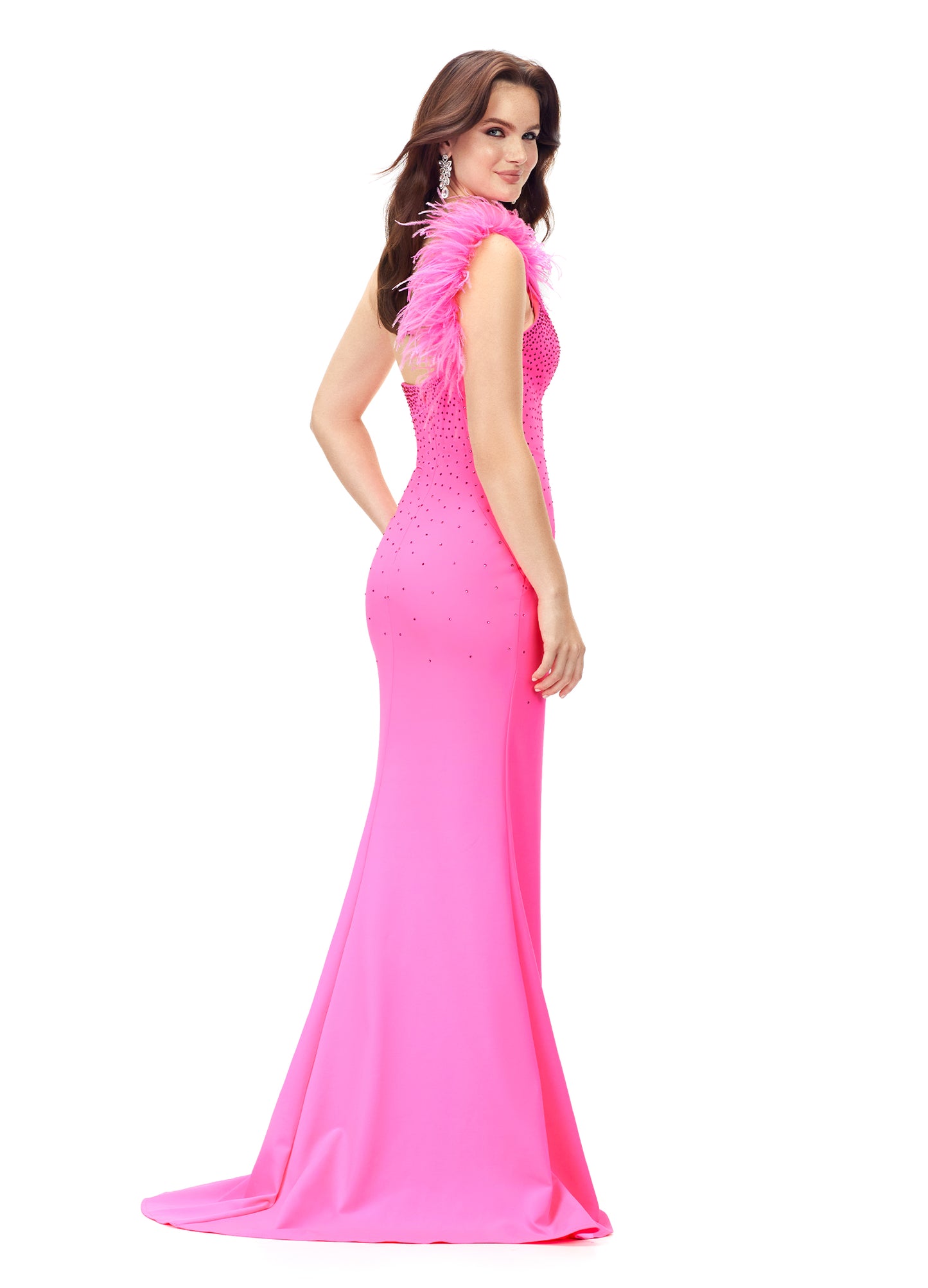 Ashley Lauren 11290 Hot Pink One Shoulder Prom Dress crystal top one shoulder with feathers Stand out in this one shoulder scuba gown. The neckline is embellished with feathers to provide a fun and flirty detail. The bodice is accented by heat set stones that cascade down on the skirt. The look is complete with a left leg slit.