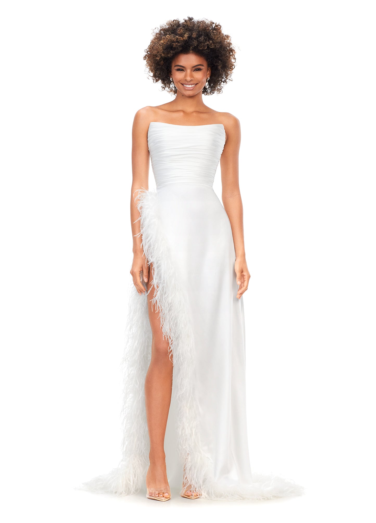 Ashley Lauren 11313 Ivory Prom, Pageant, Reception, Formal Evening Dress. We love a feather moment! This strapless satin gown features a ruched bodice giving way to a slight a-line skirt. The skirt is complete with a high right leg slit trimmed in feathers that continue to cascade down the hemline. front