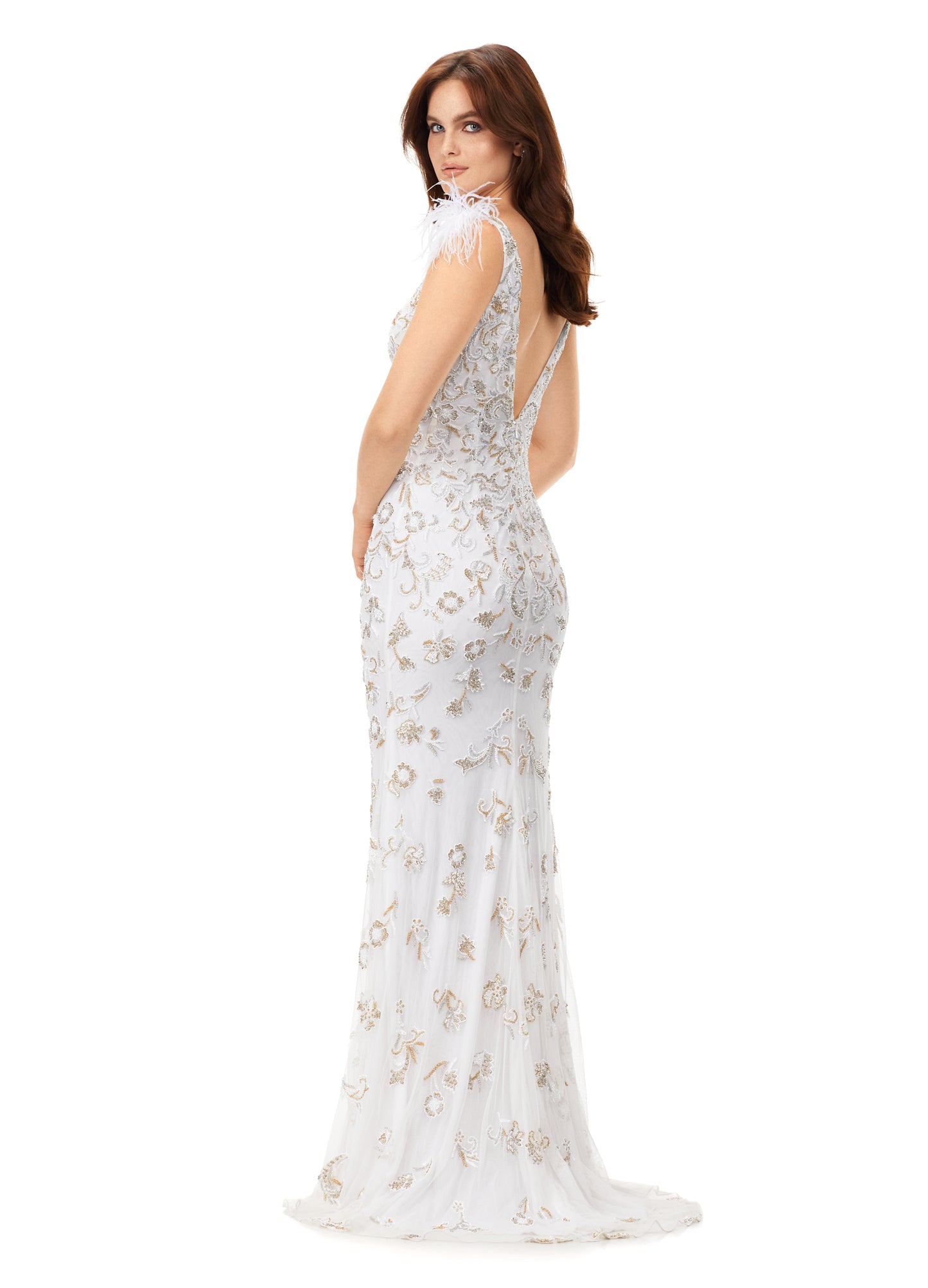 Ashley Lauren 11349 Beading and feathers! This style features a v-neckline complete with feather shoulder details. Gorgeous beading is scattered throughout the gown. V-Neckline Feather Shoulders V-Back Sweep Train COLORS: Hot Pink, Ivory, Sky, Black