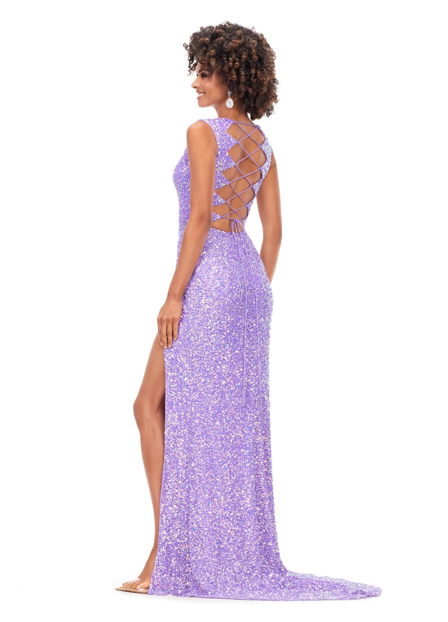 Ashley Lauren 11373 Lace Up Back Fully Beaded Prom Dress Evening Gown  You're sure to stun in this lace-up open back gown! Offered in a multitude of vibrant colors, this fitted v-neckline gown with a left leg side slit is sure to turn heads.