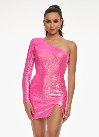 Ashley-Lauren-4455-Hot-Pink-Homecoming-Cocktail-Dress-Sequin-One-Long-Sleeve-Short-Slit