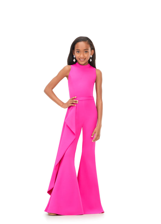 Ashley Lauren Kids 8158 Fuschia Girls Pageant Jumpsuit with Ruffle Side Scuba High Neckline