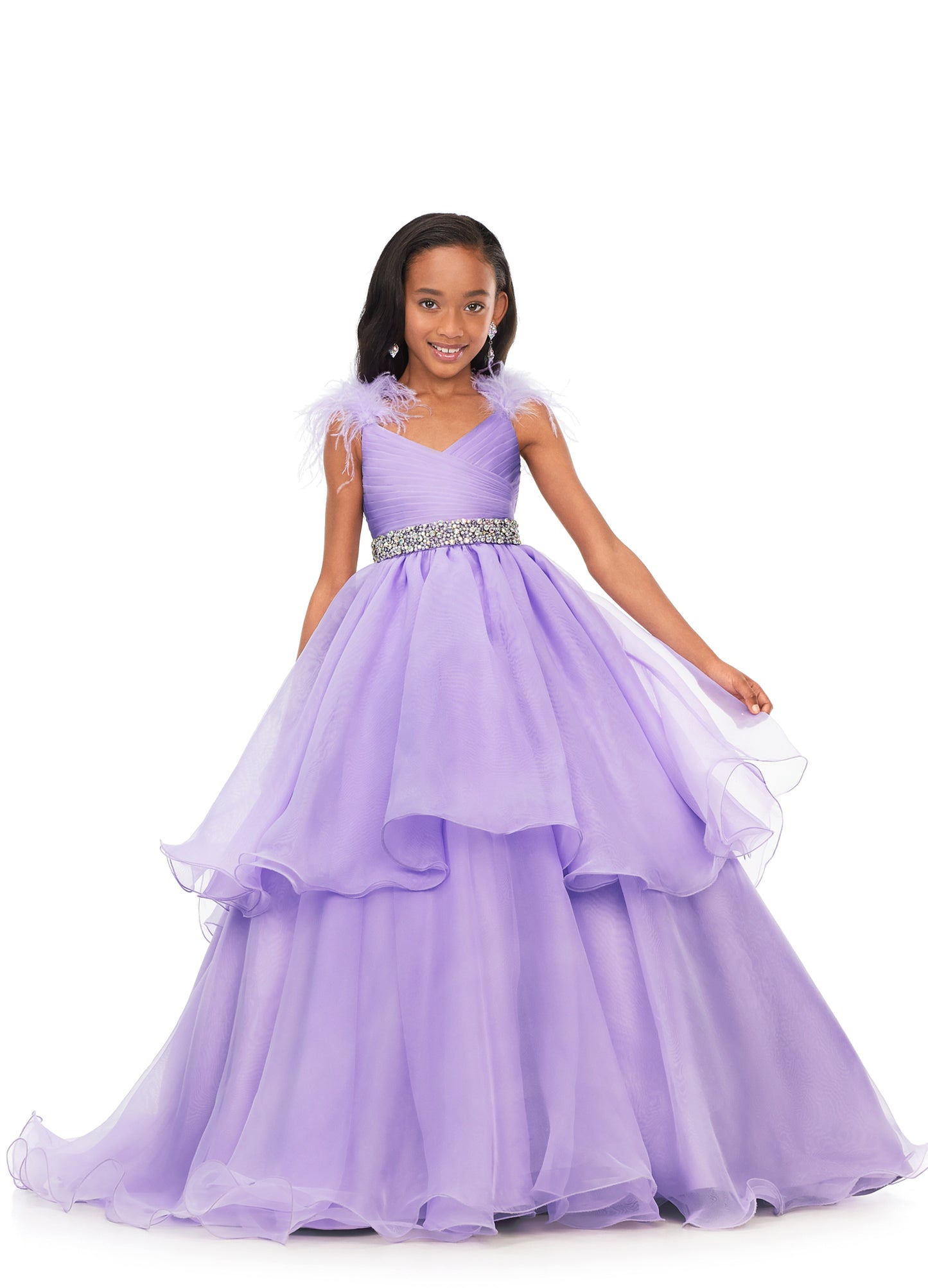 Ashley Lauren Kids 8184 Girls Pageant Dress Ball Gown with Feather Details  This organza kids ball gown features feather shoulders cascading to a crystal encrusted waistline. The layered skirt completes the look.