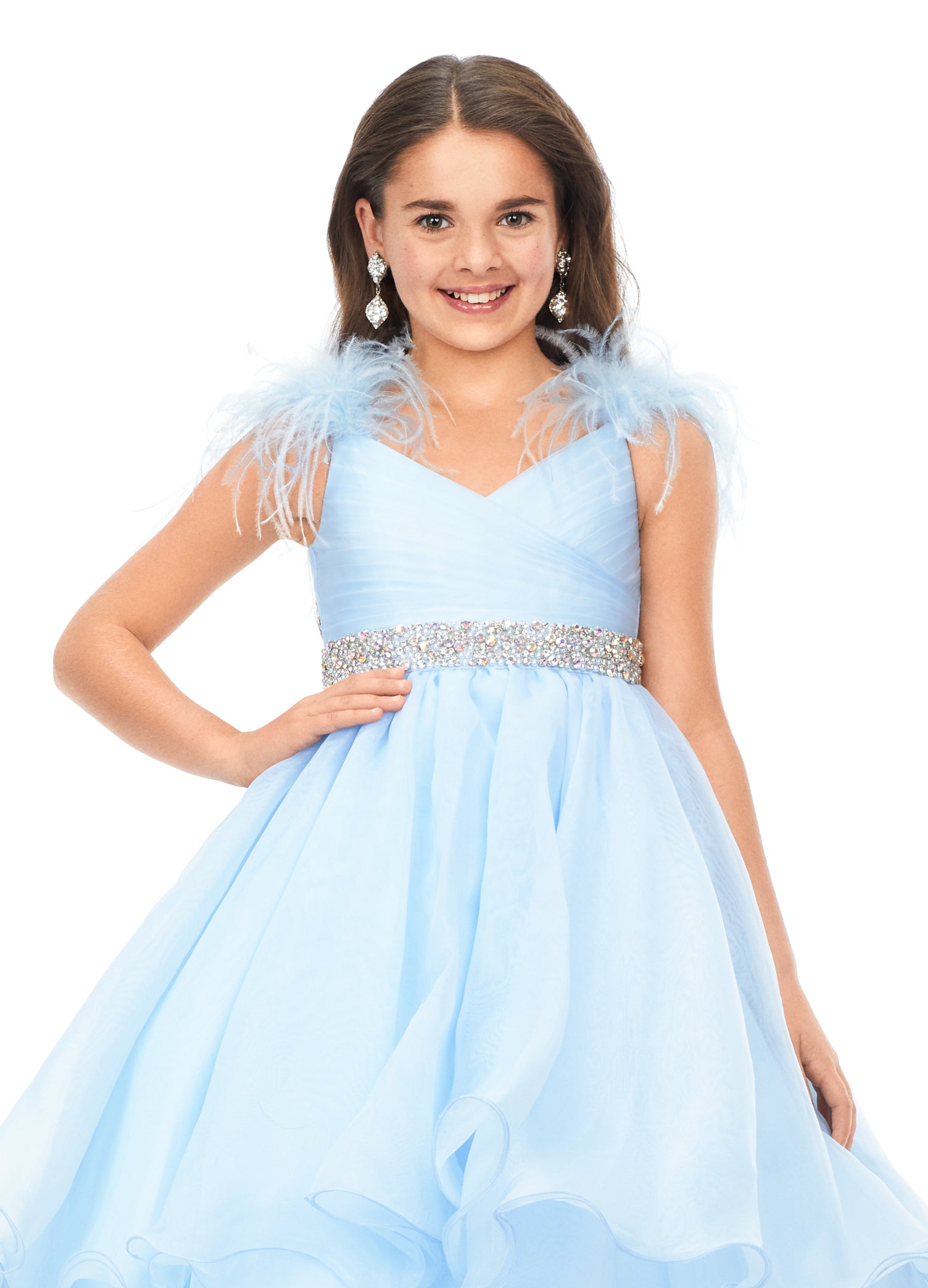 Ashley Lauren Kids 8184 Girls Pageant Dress Ball Gown with Feather Details  This organza kids ball gown features feather shoulders cascading to a crystal encrusted waistline. The layered skirt completes the look.