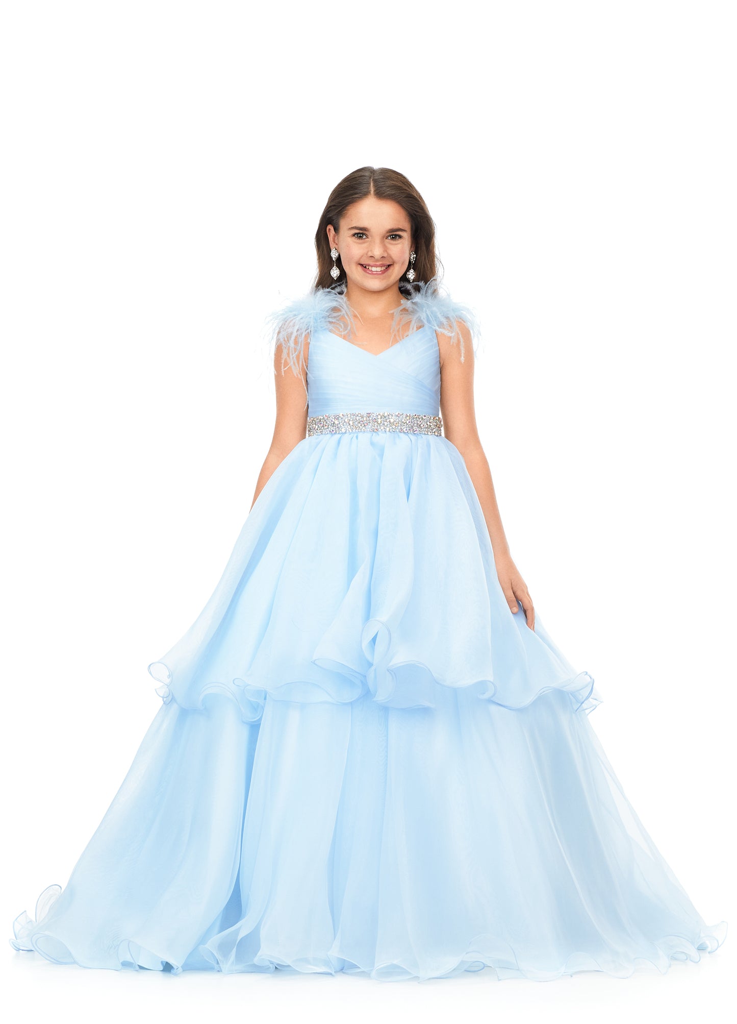 Ashley Lauren Kids 8184 Girls Pageant Dress Ball Gown with Feather Details  This organza kids ball gown features feather shoulders cascading to a crystal encrusted waistline. The layered skirt completes the look.