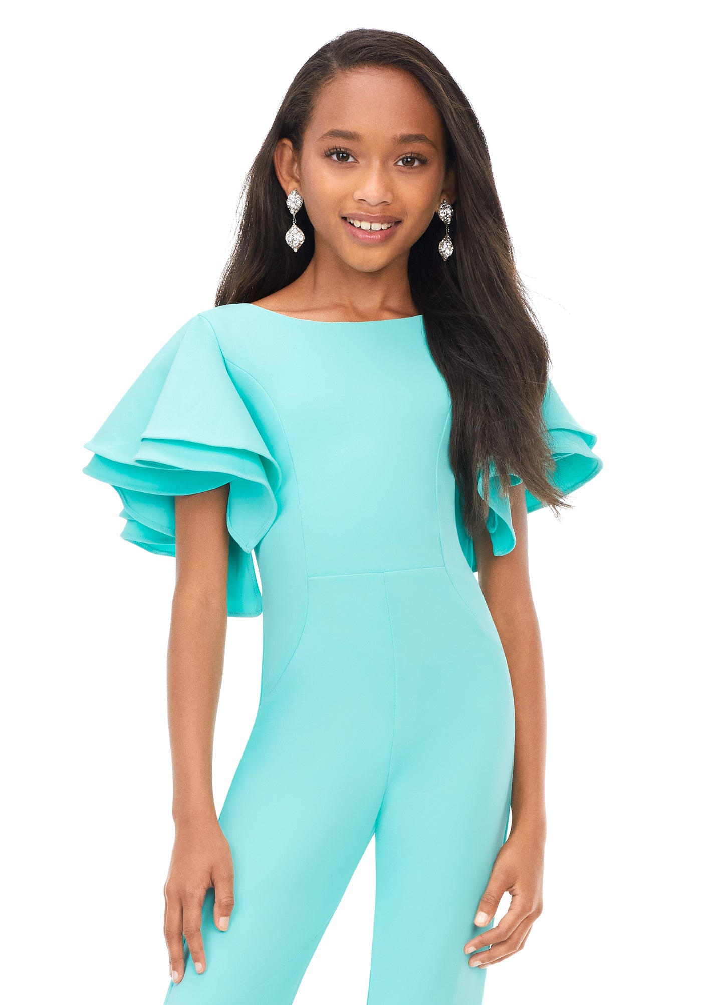 Ashley Lauren Kids 8156 Girls Crew neck jumpsuit with ruffle sleeves  The perfect jumpsuit for any occasion. This jumpsuit features a crew neckline, ruffle sleeves and flare bottom pants.