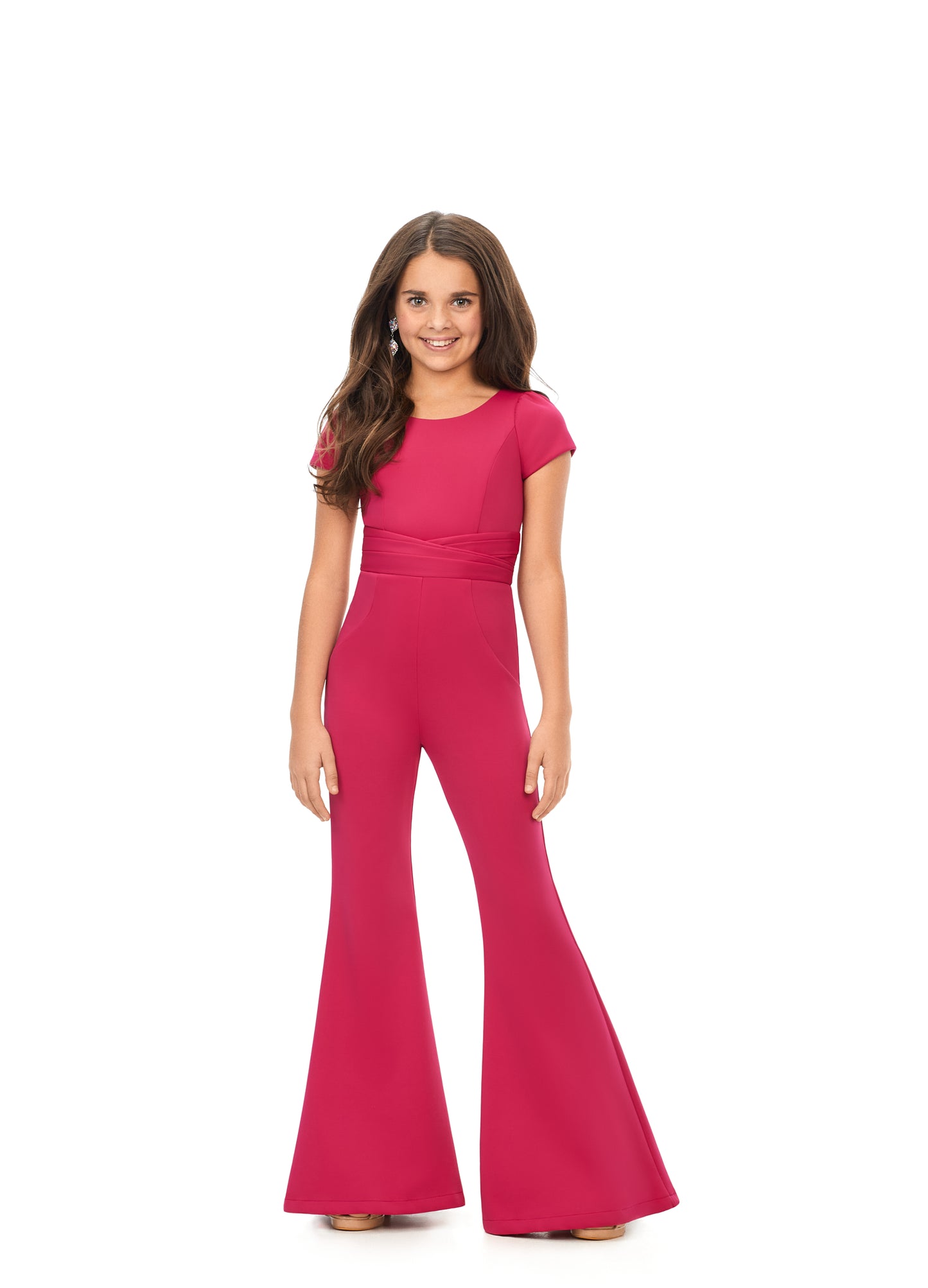 Ashley Lauren Kids 8157 Raspberry Crew Neck Scuba Kids Pageant Jumpsuit with Cap Sleeves front