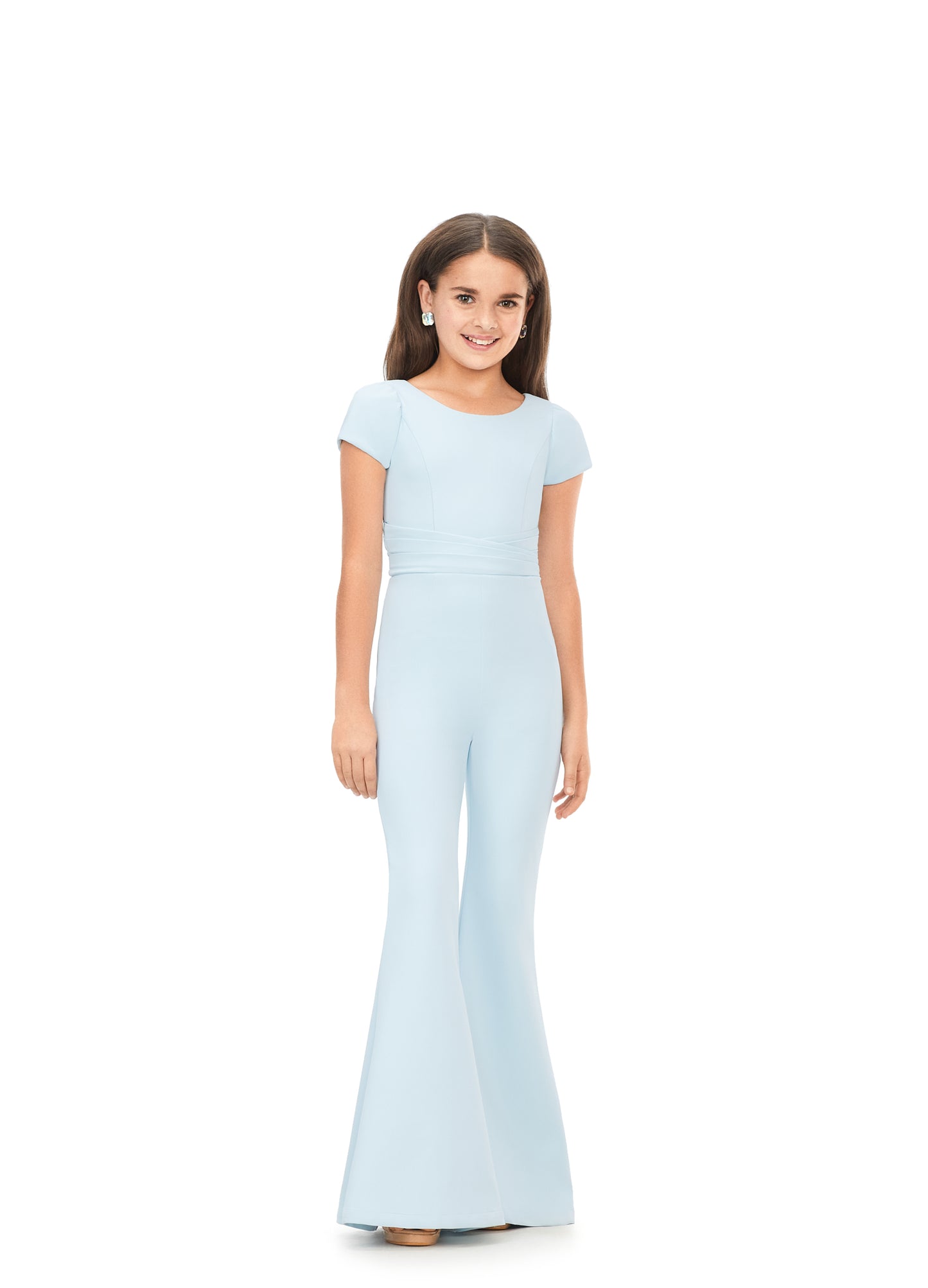 Ashley Lauren Kids 8157 Sky Blue Girls Crew Neck Scuba Kids Pageant Jumpsuit with Cap Sleeves front