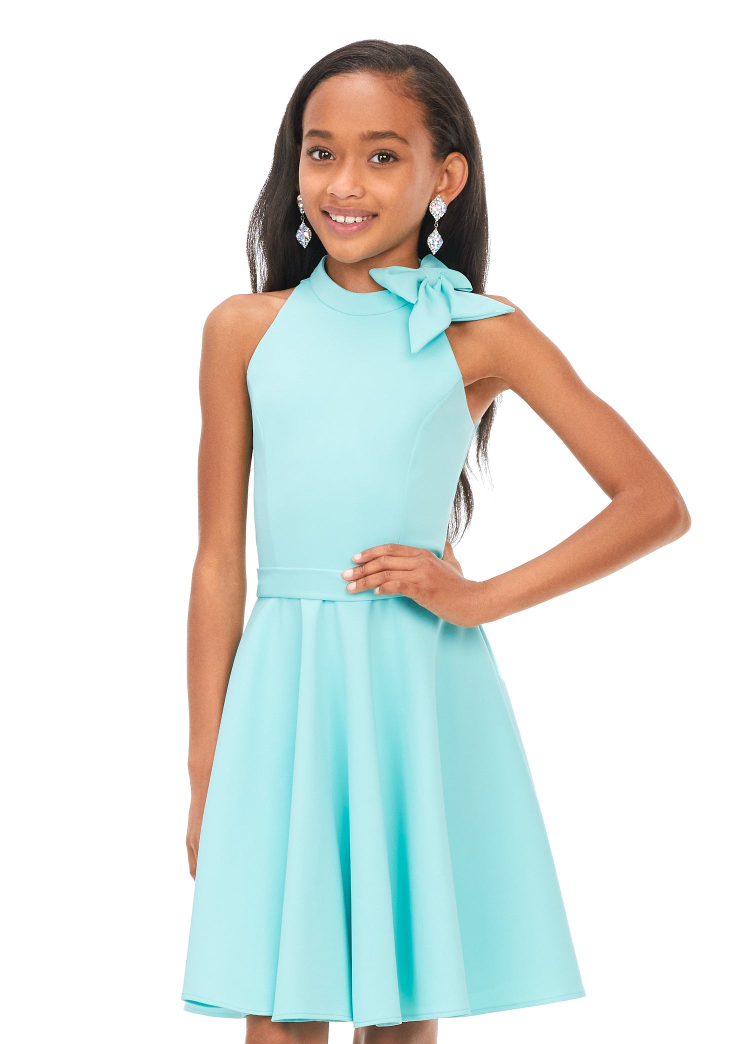 Ashley Lauren Kids 8167 Girls Aqua Scuba Cocktail Dress with Bow