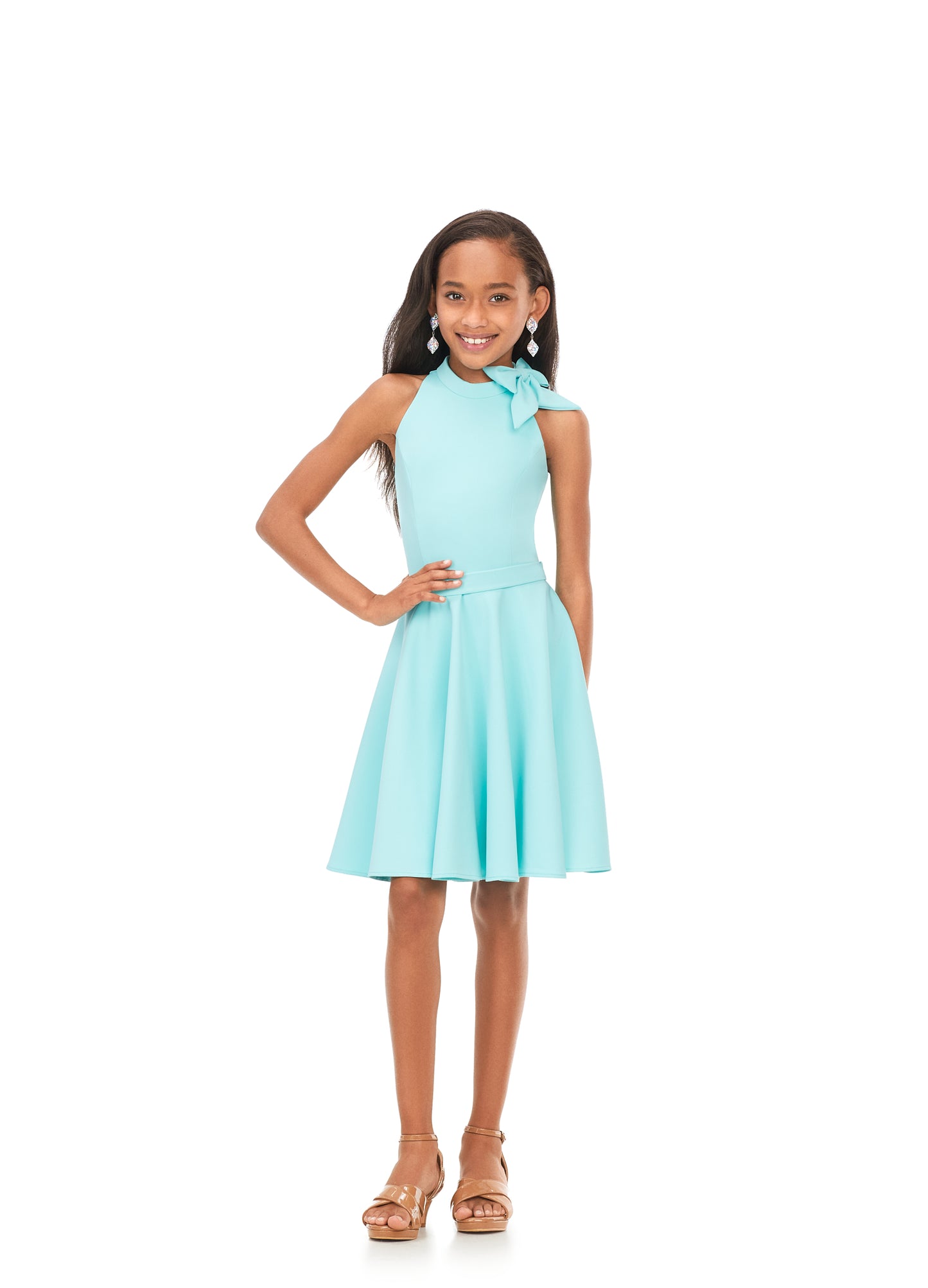 Ashley Lauren Kids 8167 Girls Aqua Scuba Cocktail Dress with Bow