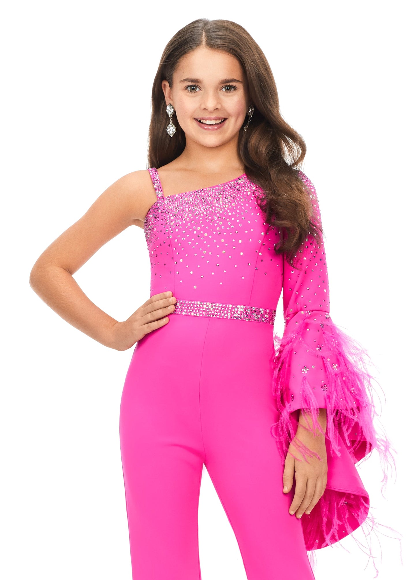 Ashley Lauren Kids 8178 Fuchsia Girls Scuba One Shoulder Jumpsuit with Bell Sleeve