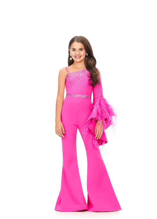 Ashley Lauren Kids 8178 Fuchsia Girls Scuba One Shoulder Jumpsuit with Bell Sleeve