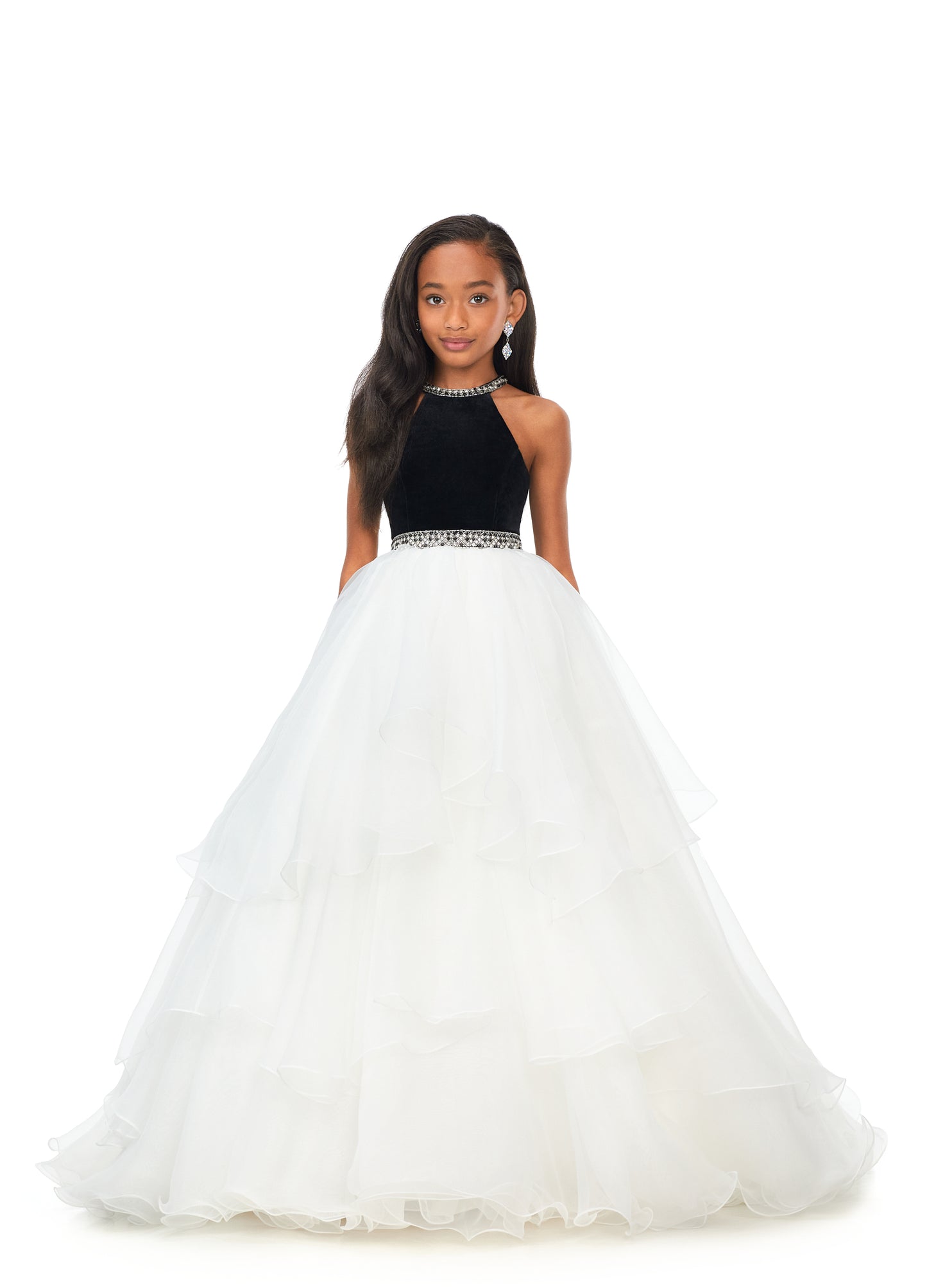 Ashley Lauren Kids 8179 Girls Halter Ball Gown Pageant Dress with Handkerchief Skirt   This kids halter style ball gown is accented with a velvet bodice. The neckline and waistline are embellished with crystal details. The full organza handkerchief style skirt is sure to wow!