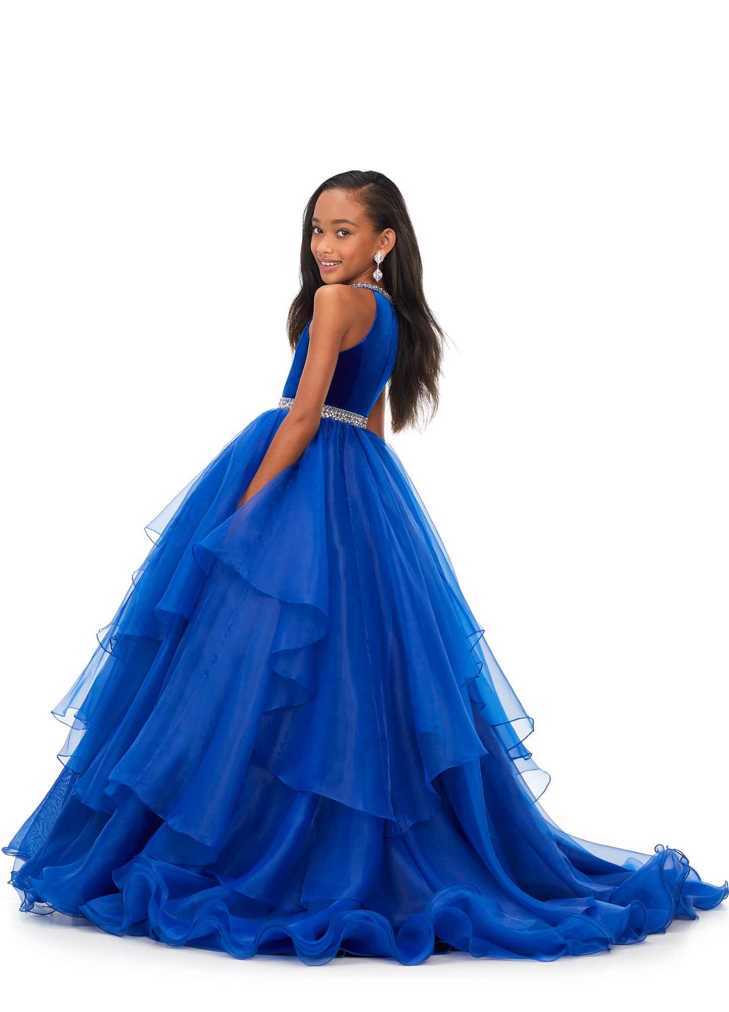 Ashley Lauren Kids 8179 Girls Halter Ball Gown Pageant Dress with Handkerchief Skirt   This kids halter style ball gown is accented with a velvet bodice. The neckline and waistline are embellished with crystal details. The full organza handkerchief style skirt is sure to wow!