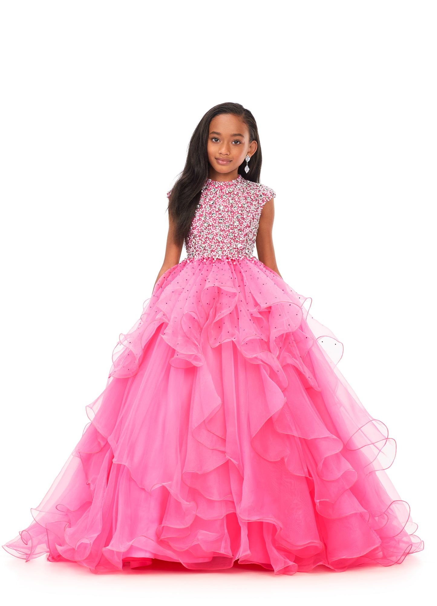 Ashley Lauren Kids 8180 Girls High Neckline Ball Gown with Organza Ruffle Pageant Skirt  Make them stop and stare in this kids high neckline ball gown with cap sleeves. The fully encrusted crystal and pearl bodice is sure to have all eyes on you. The a-line organza ruffle skirt is complete with scattered heat set stones throughout.