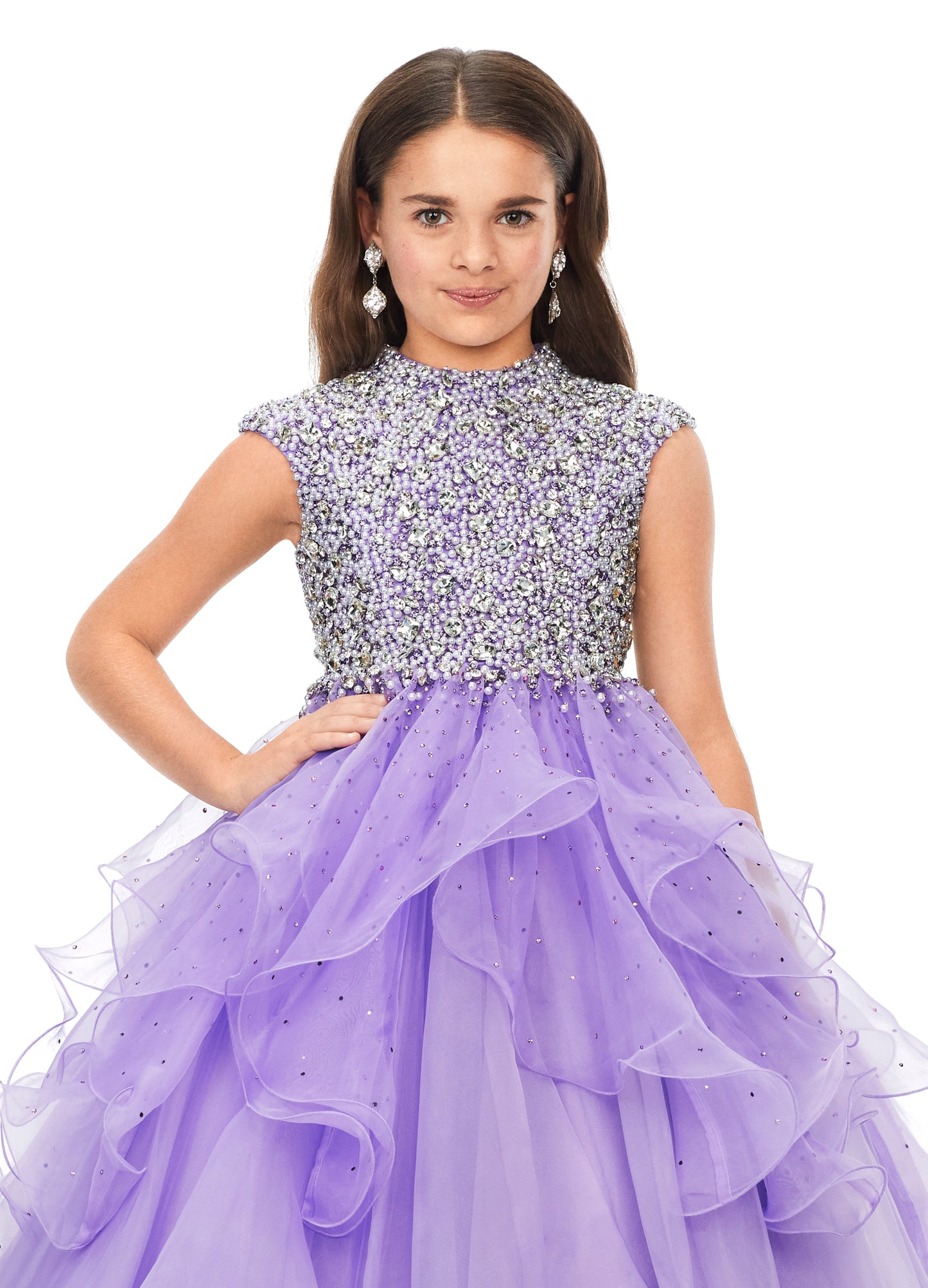 Ashley Lauren Kids 8180 Girls High Neckline Ball Gown with Organza Ruffle Pageant Skirt  Make them stop and stare in this kids high neckline ball gown with cap sleeves. The fully encrusted crystal and pearl bodice is sure to have all eyes on you. The a-line organza ruffle skirt is complete with scattered heat set stones throughout.