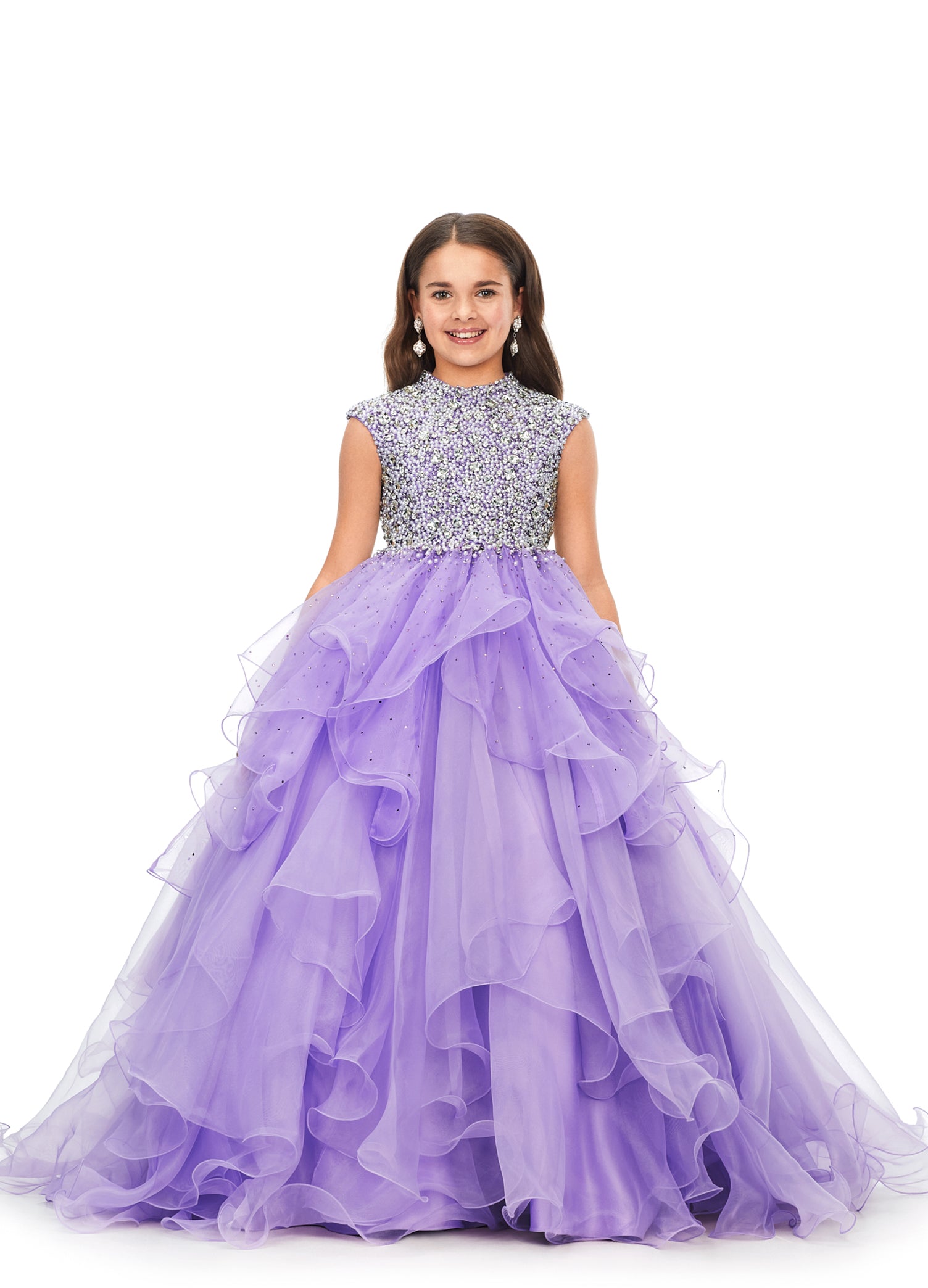 Ashley Lauren Kids 8180 Girls High Neckline Ball Gown with Organza Ruffle Pageant Skirt  Make them stop and stare in this kids high neckline ball gown with cap sleeves. The fully encrusted crystal and pearl bodice is sure to have all eyes on you. The a-line organza ruffle skirt is complete with scattered heat set stones throughout.