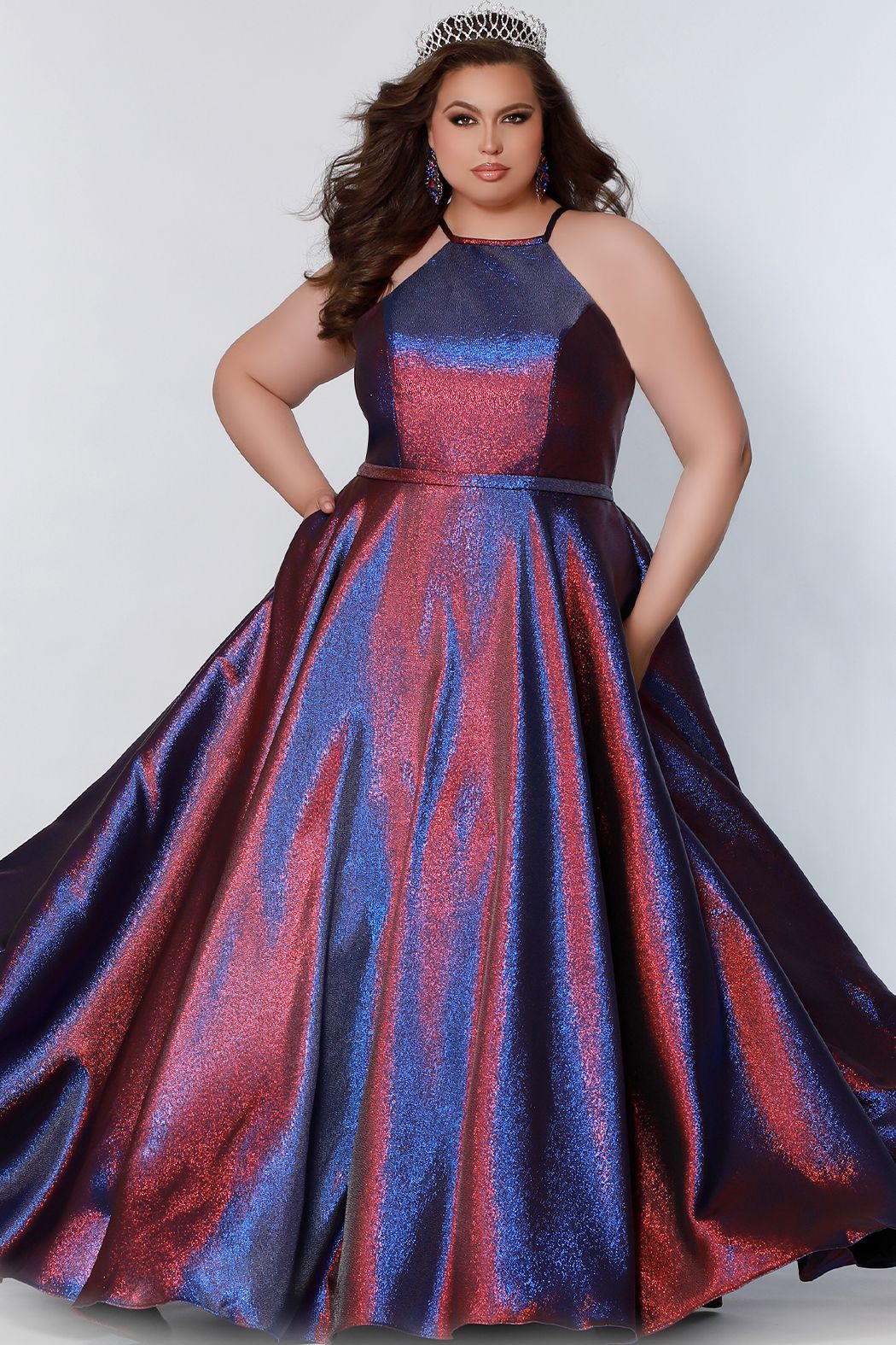 Sydney's Closet SC7334 Size 14 Shimmer Prom Dress High Neckline Plus Sized A Line SC 7334