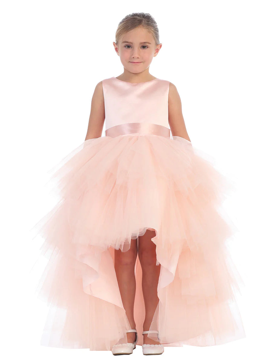 This Tip Top 5658 Girls Layered Tulle High Low Skirt Formal Dress is a perfect choice for that special day. The tulle high-low skirt, satin formal gown, and flower girl satin sash come together to create a beautiful, unique look perfect for flower girls, junior bridesmaids or formal occasions.  Sizes: 6M-16  Colors: Black, Blush, Burgundy, Eggplant, Ivory, Red, Royal Blue, White, Champagne, Lilac, Sky Blue