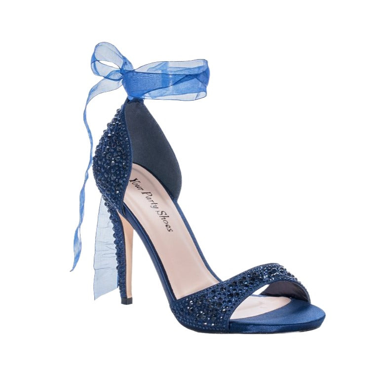 Your Party Shoes style Carley is a sexy Crystal Embellished Formal evening Heel with a feminine soft organza ribbon that ties into a bow at the ankle. Style 1023 - Navy Style 1024 - Black Style 1025 - Rose Gold Heel: 3 1/2" Platform: 1/2" Available in Colors: Rose Gold, Black, Navy Available in Sizes: 5 - 11 All color and sizes are orderable. Glass Slipper Formals Dress Shoes High Heels Strap peep toe formal shoes rhinestone glam