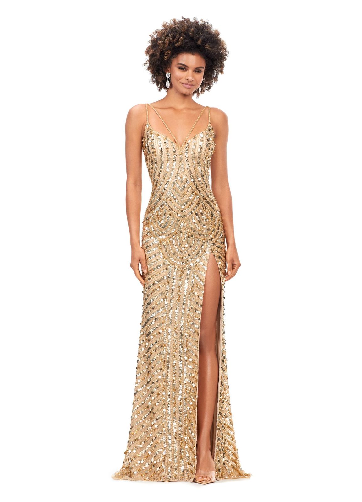 Ashley Lauren 11363 This stunning gown is hand beaded with sequins in an intricate, detailed pattern. Featuring an open back and spaghetti straps, the dress is complete with a left leg slit. Sweetheart Neckline Spaghetti Straps Open Back Left Leg Slit COLORS: Hot Pink, Red, Black, Gold