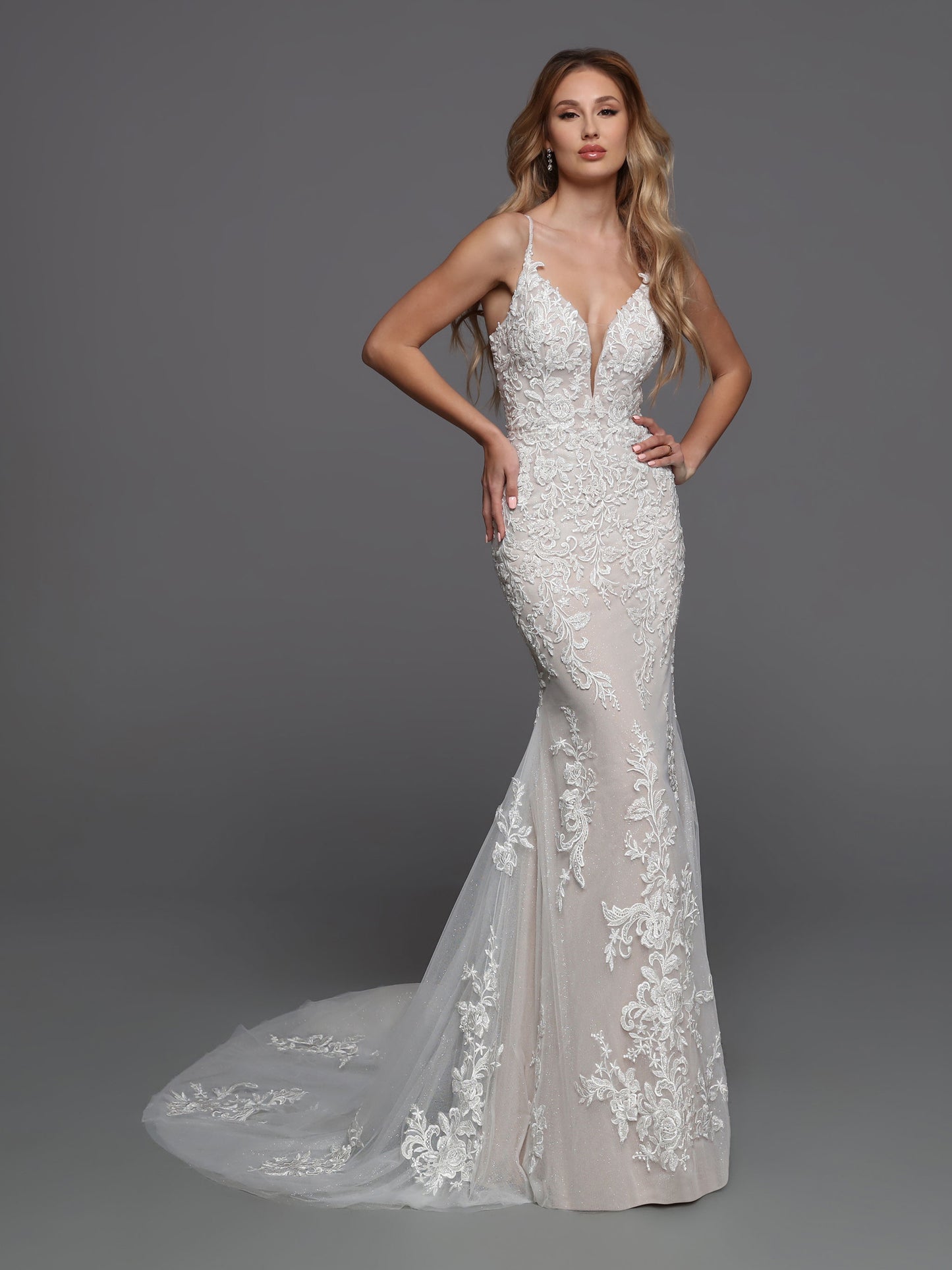 DaVinci Bridal 50720 Lace Wedding Dress Column Detachable Overskirt V Neckline Sheer Back  This is a long beautiful wedding dress with a deep v neckline and sheer panel.  The back is mid back and has sheer lace.  It is a long column bridal gown with a long train. 