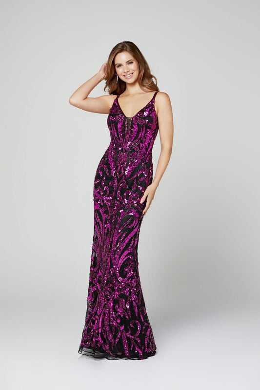 Primavera Couture 3454 is a Sequin Designer Prom, Pageant & Formal Dress. Featuring a Plunging V neckline with mesh panel. Embellished sequins & Hand beading along the entire gown in a damask print. Great evening gown. Open scoop back.