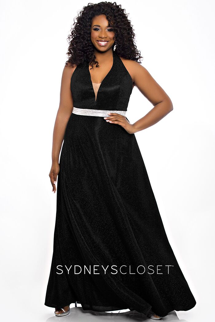 Sydneys Closet SC7289 Plunging V neckline with mesh panel embellished belt long a line shimmer prom dress plus sized formal evening gown