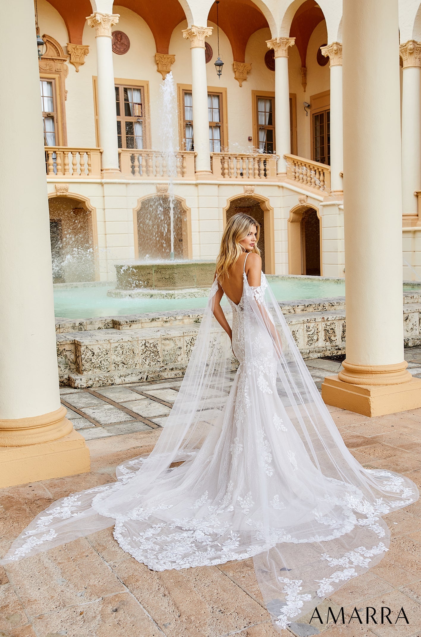 Amarra ELIZABETH 84377 Sequin Lace Fitted Wedding Dress Cape Sleeve Bridal off the shoulder Live out the wedding of your dreams in this classic, elegant gown. Adorned in intricate floral lace appliques, this wedding dress is bound to have you looking and feeling beautiful on your special day.