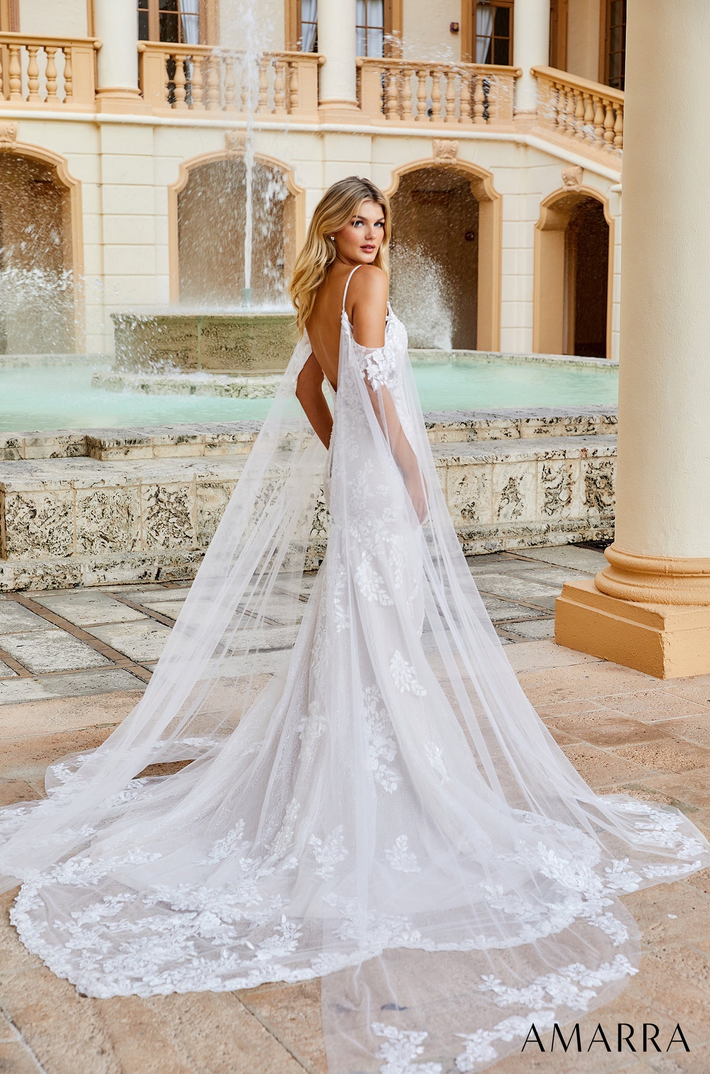 Amarra ELIZABETH 84377 Sequin Lace Fitted Wedding Dress Cape Sleeve Bridal off the shoulder Live out the wedding of your dreams in this classic, elegant gown. Adorned in intricate floral lace appliques, this wedding dress is bound to have you looking and feeling beautiful on your special day.