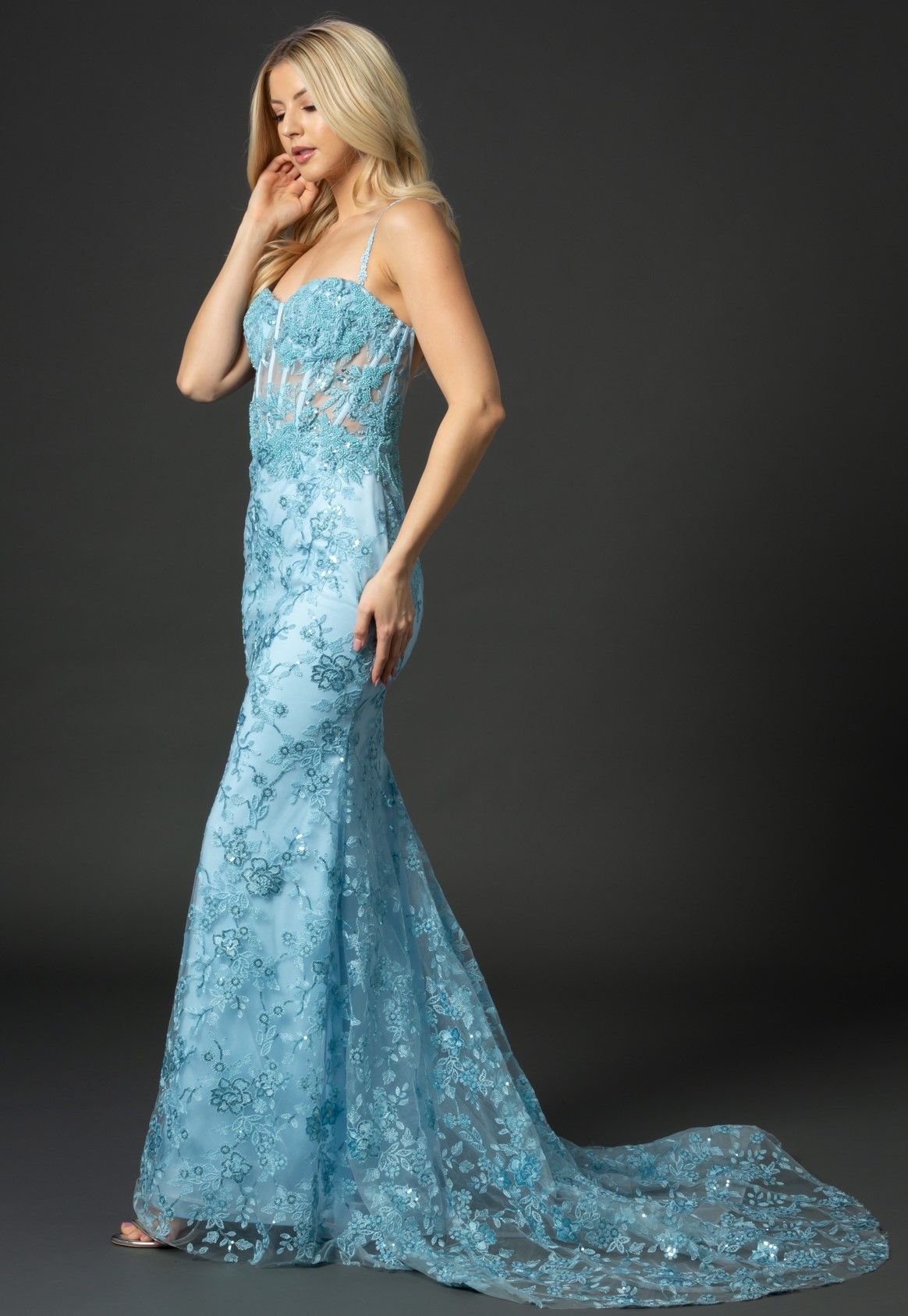 Nina Canacci 6556 Long sheer lace corset fitted bodice with a mermaid skirt and train. Embellished Prom Pageant Gown  Available Size-0-12  Available Color- Ivory, Baby Blue, Raspberry (Mauve)