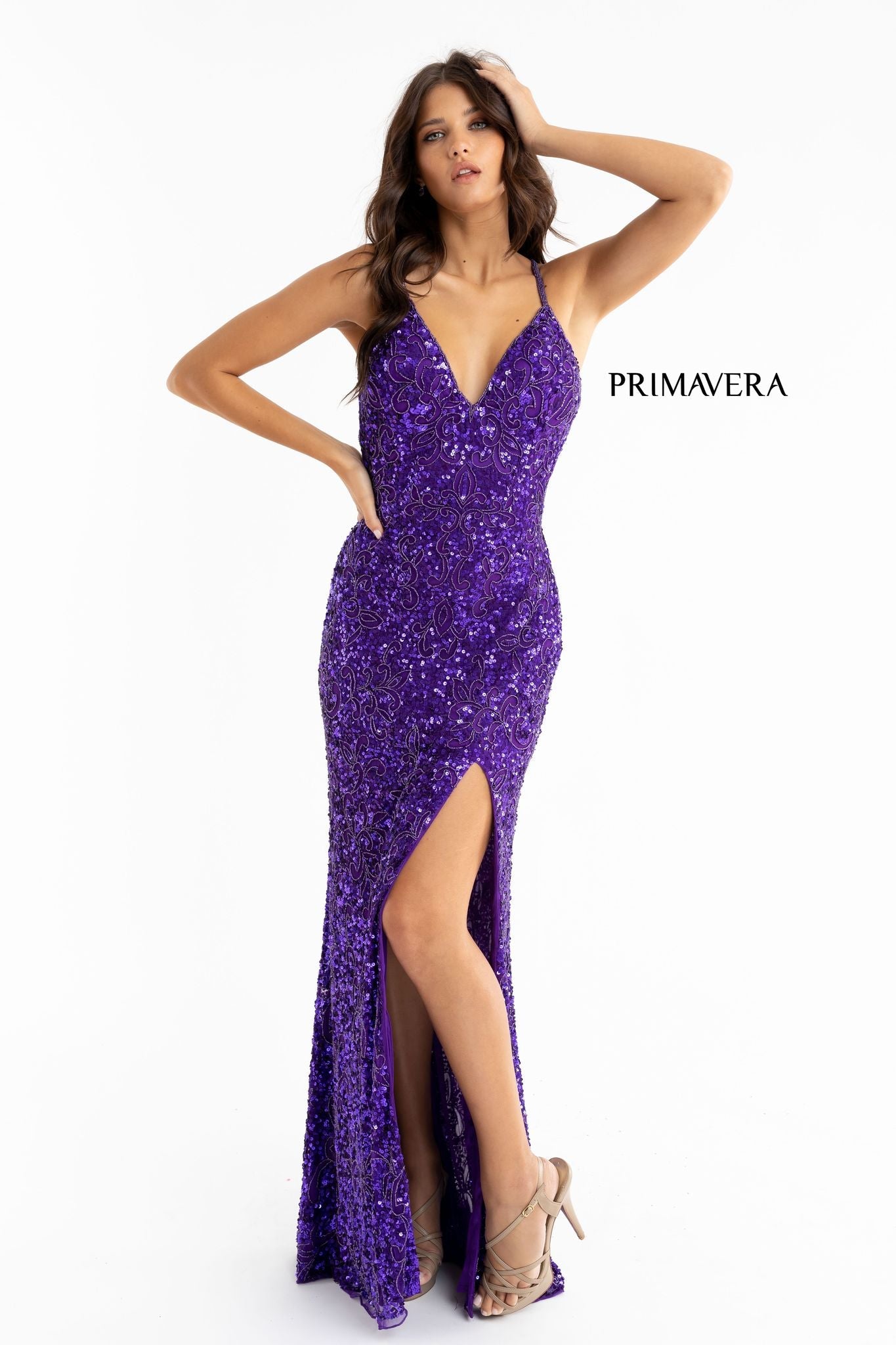 Primavera Couture 3295 Size 2, 6, 8 Emerald Prom Dress V Neckline Sequins Backless Slit Formal Evening Gown