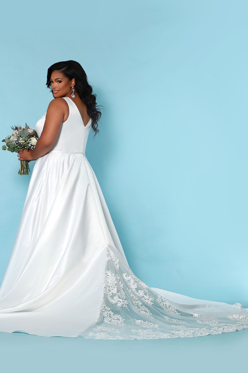 Sydney's Closet SC5272 Macie Wedding Dress Satin V Neckline Lace Chapel Length Train SC 5272